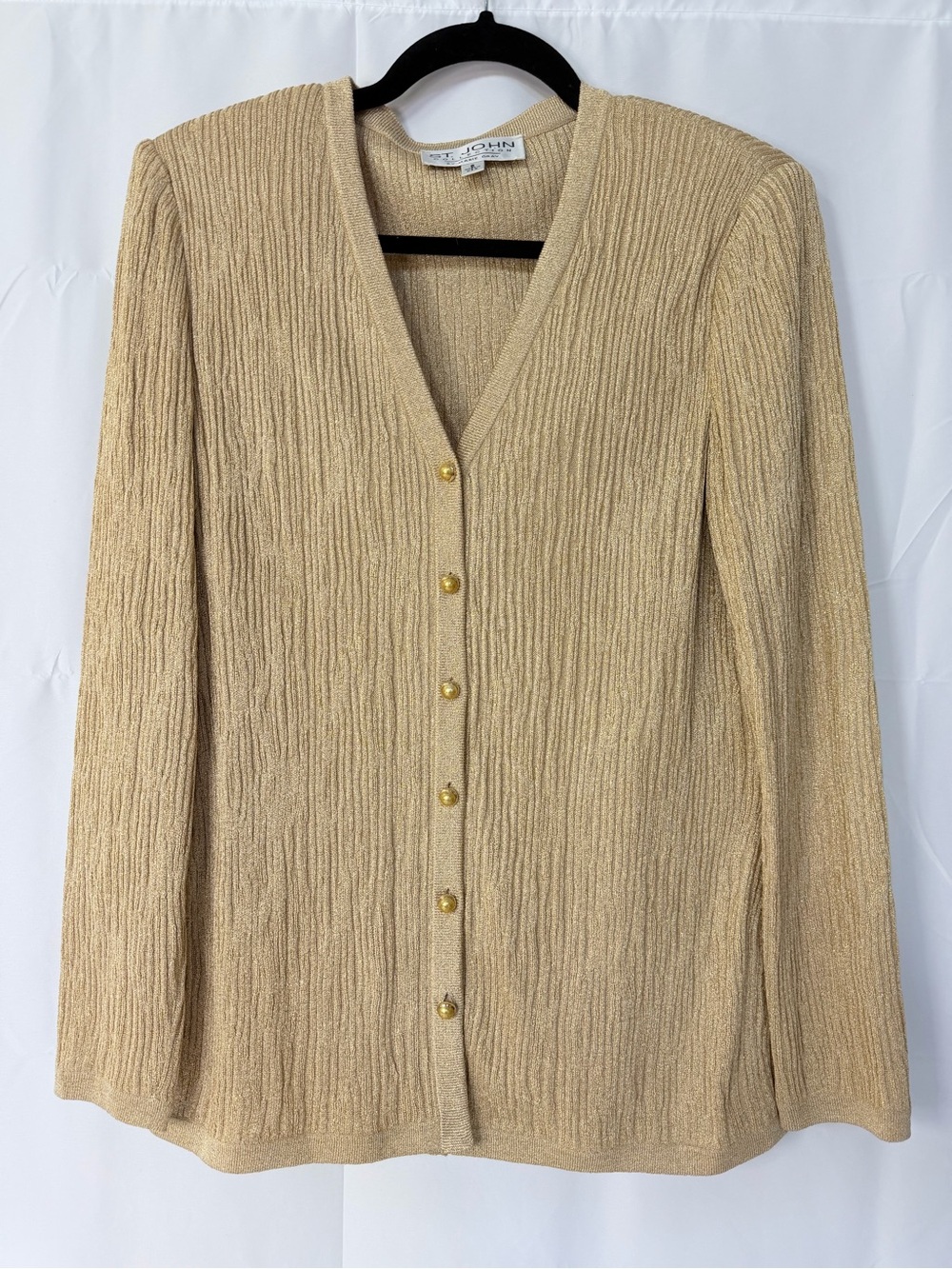 St. John Collection Metallic Gold Knit V-Neck Button Cardigan